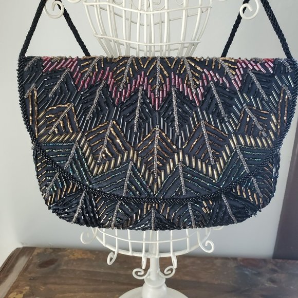 Handbags - Vintage Hand Beaded Brown Clutch with Corded Shoulder Strap China